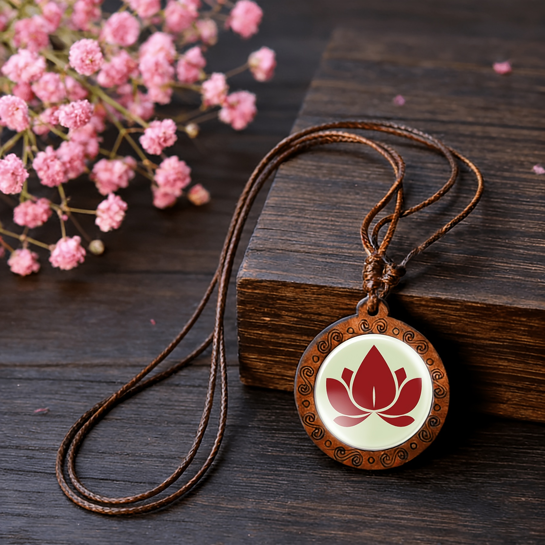 Handmade Wooden Lotus Carved Necklace, Gift for Couples